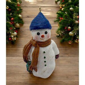 Vintage Snowman Christmas Tree Ornament Blue Hat Brown Scarf Glitter Accents